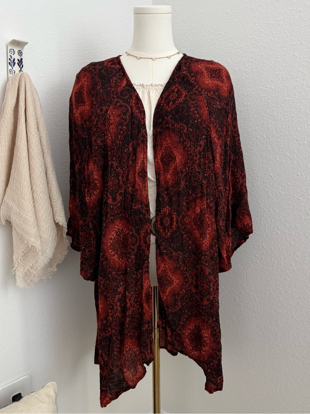 Billabong Paisley Boho Open Front Kimono Cardigan S/M Rust Black